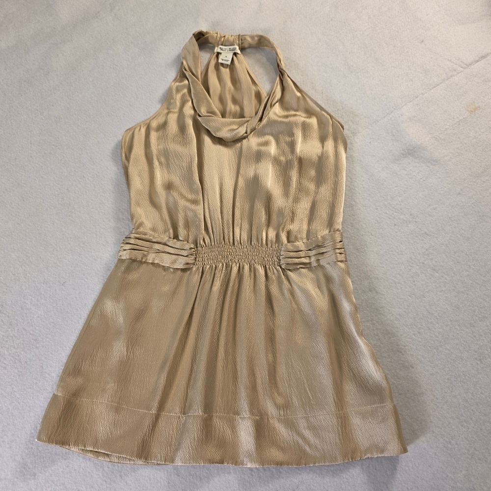 White House Black Market Champagne Gold Cowl Neck Halter‎ Blouse Smocked Waist S